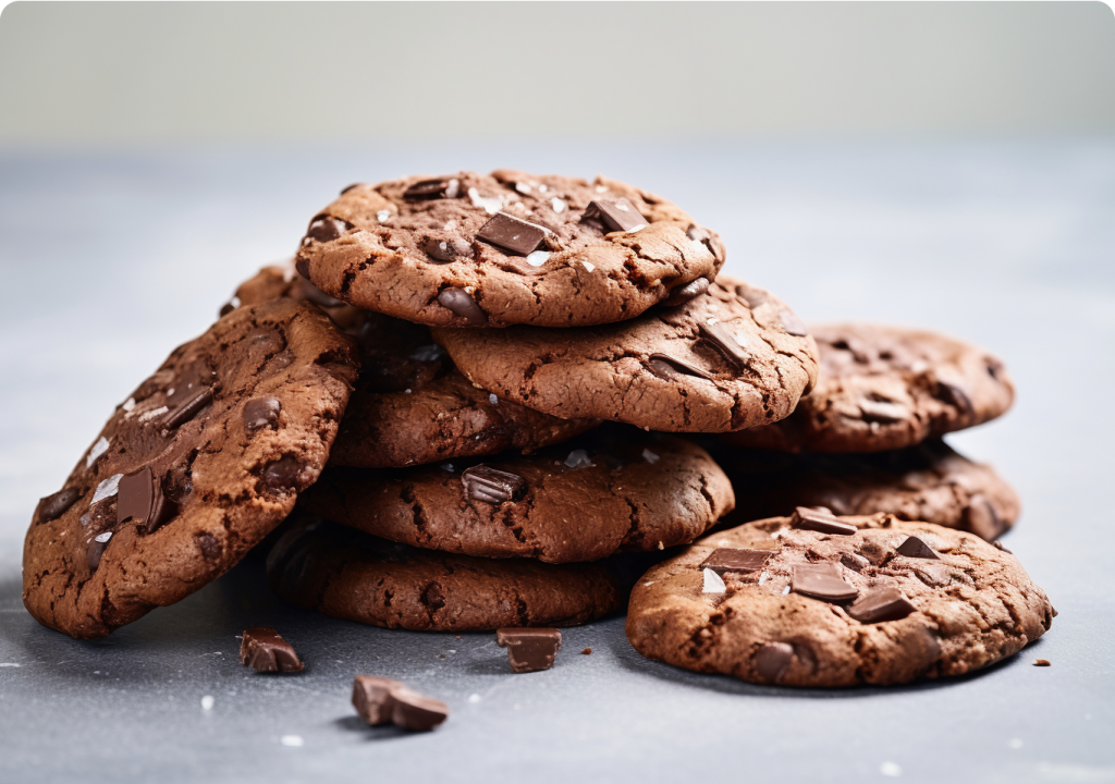 A close-up of freshly baked chocolate cookies topped with sea salt, arranged on a white plate.