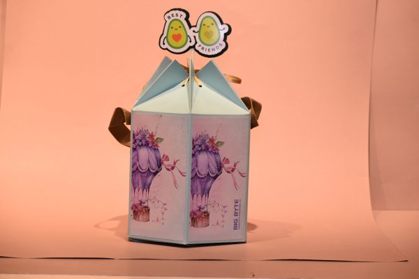 A-small-hot-air-balloon-themed-paper-hamper-with-a-bird-perched-on-top